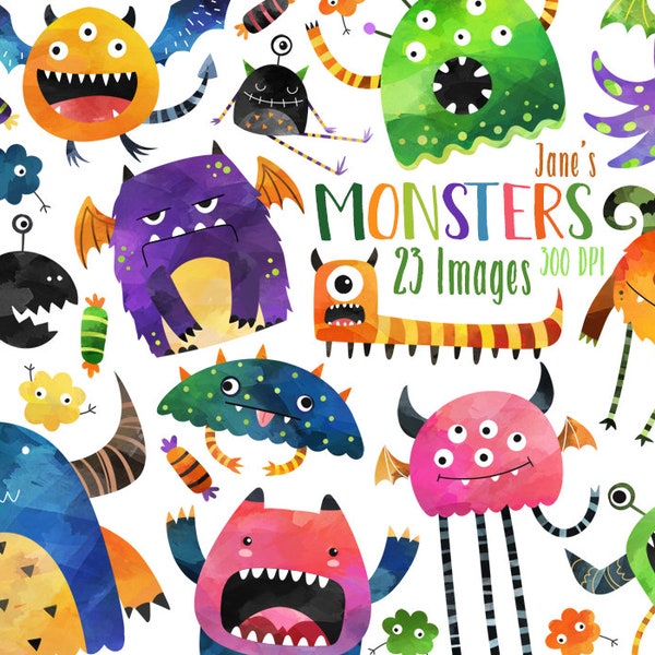 Aquarell Monster Clipart - Halloween Clipart - Instant Download - Critters - Monster Doodles - Gruselige Kreaturen - Kinderaktivitäten