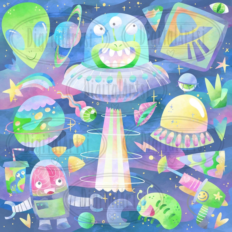 May include: A watercolor illustration of a colorful space scene with a green alien spaceship, planets, stars, and other space-themed elements. The illustration is in a whimsical style with a pastel color palette.