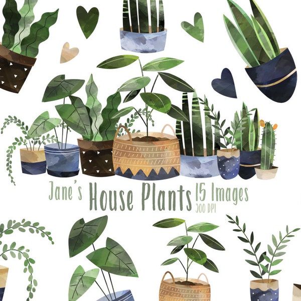 Acuarela Plantas de Hogar Clipart - Acuarela Jardinería Descargar - Descarga Instantánea - Philadendrum - Enredaderas colgantes - Helecho - Planta serpiente