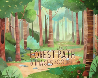 Watercolor Forest Path Clipart: Woodland Scene Graphics (Digital Download)