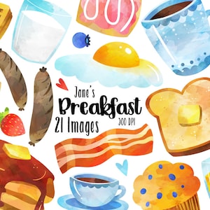 Clipart de desayuno en acuarela - Descarga matutina - Descarga instantánea - Tostadas - Café - Té - Waffles - Tocino - Muffins