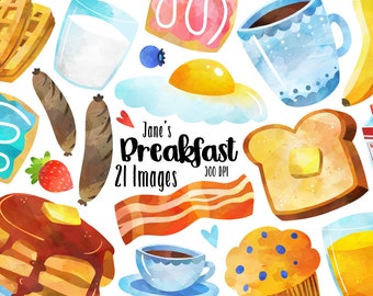 Watercolor Breakfast Clipart - Morning Download - Instant Download - Toast - Coffee - Tea - Waffles - Bacon - Muffin