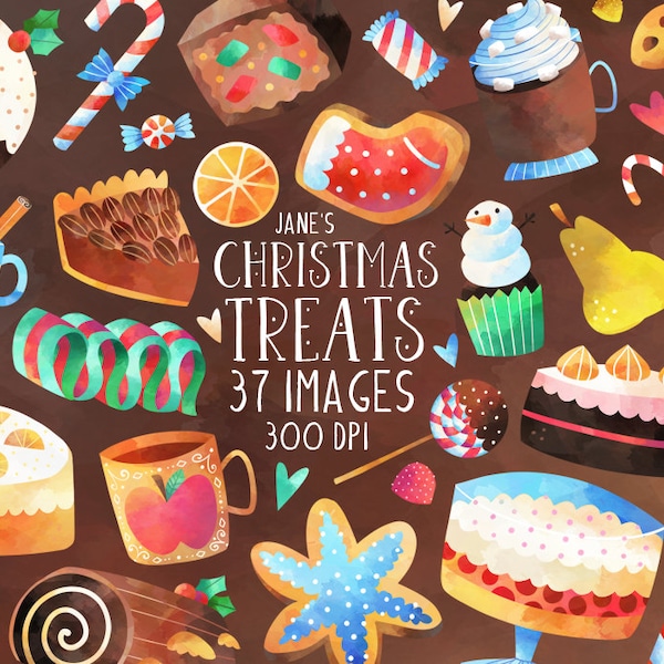 Aquarelle Christmas Treats Clipart - Christmas Download - Téléchargement instantané - Candy Cane - Bundt Cake - Christmas Clipart - Gumdrop