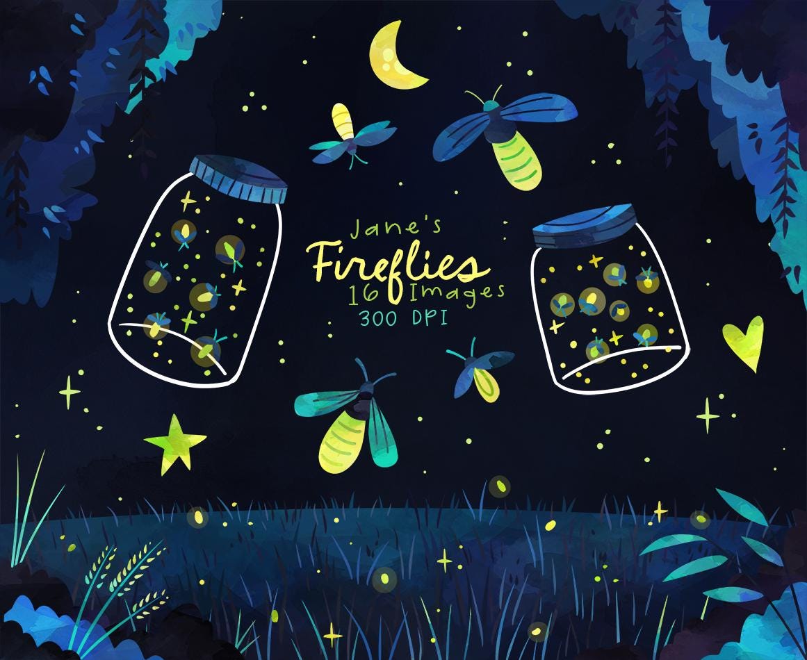 Watercolor Fireflies Clipart: Hand-Drawn PNG Images (Digital Download, Commercial Use OK)