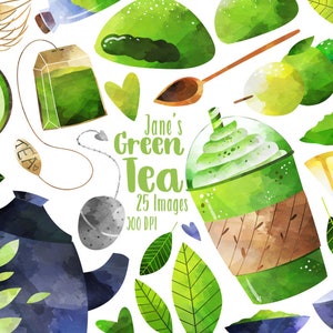 May include: A watercolor illustration set of green tea themed elements, including a teapot, teacups, tea leaves, matcha powder, and a green tea smoothie. The set includes 25 images at 300 DPI. The text "Jane's Green Tea" is featured in the center of the image.