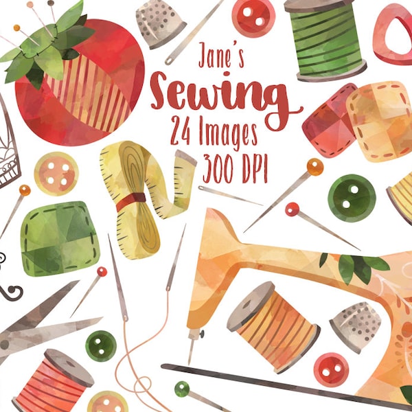 Watercolor Sewing Clipart - Tailoring Download - Instant Download - Crafting Supplies - Pin Cushion - Spool - Thimble