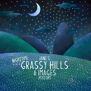 Clipart de cielo nocturno con colinas cubiertas de hierba en acuarela - Descarga ambiental - Descarga instantánea - Campo de hierba - Noche - Escena tranquila - Dibujado a mano