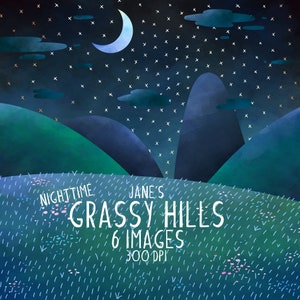 Watercolor Grassy Hills Night Sky Clipart - Environment Download - Instant Download - Grassy Field - Nighttime - Calm Scene