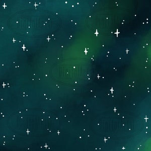 Puede incluir: Un fondo de acuarela verde oscuro y azul con estrellas blancas de diferentes tama&ntilde;os. El fondo tiene una sensaci&oacute;n suave y de ensue&ntilde;o.