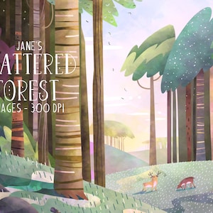 Clipart di foresta sparsa ad acquerello - Download di ambiente - Download immediato - Foresta - Bosco - Campo - Arte ambientale - Illustrazione