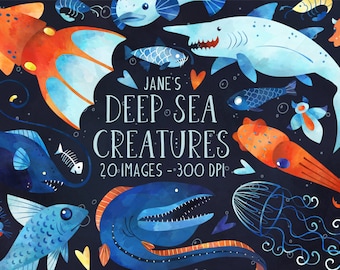 Watercolor Deep Sea Creatures Clipart - Ocean Animals Download - Instant Download - Anglerfish - Goblin Shark - Jellyfish - Vampire Squid