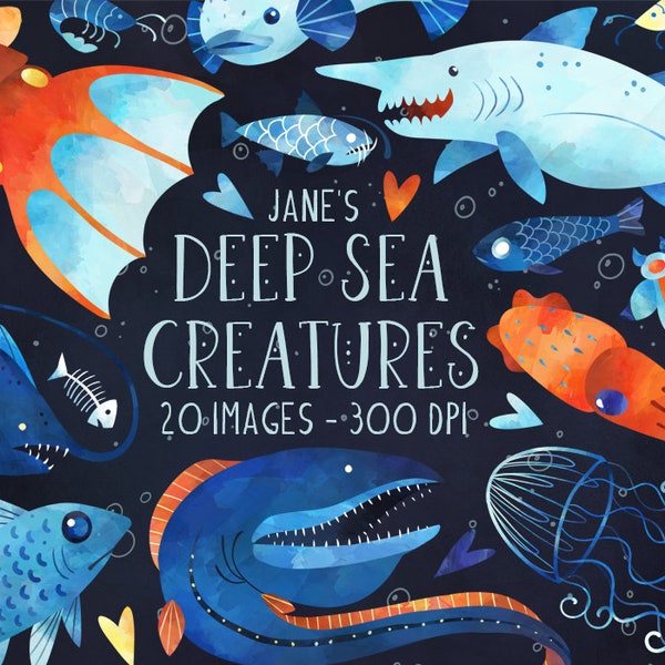 Watercolor Deep Sea Creatures Clipart - Ocean Animals Download - Instant Download - Anglerfish - Goblin Shark - Jellyfish - Vampire Squid