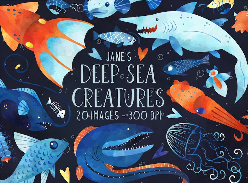 May include: A digital illustration set of 20 deep sea creatures, including a squid, shark, jellyfish, and fish. The illustration is in a watercolor style with a dark blue background and the text "Jane's Deep Sea Creatures 20 Images - 300 DPI".