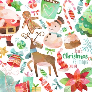 Watercolor Christmas Clipart Christmas Items Download Instant Download Santa Snowman Stocking Presents Pointsettia image 1