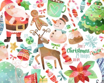 Watercolor Christmas Clipart - Christmas Items Download - Instant Download - Santa - Snowman - Stocking - Presents - Pointsettia