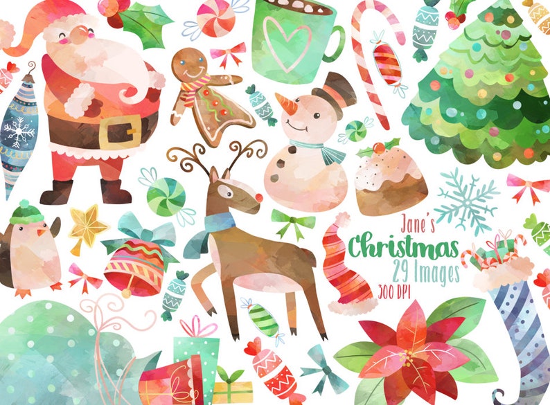 Watercolor Christmas Clipart Christmas Items Download Instant Download Santa Snowman Stocking Presents Pointsettia image 1