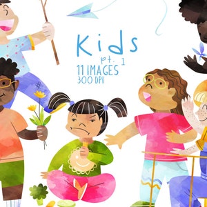 Clipart aquarelle pour enfants - Téléchargement instantané - Élèves du primaire - Enfants jouant - Enfants étant des enfants - Illustration
