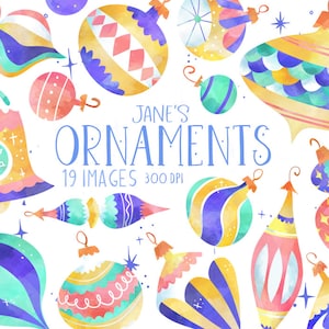 Watercolor Christmas Ornaments Clipart: Colorful Graphics (Instant Download)