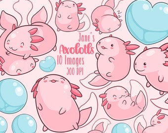 Kawaii Axolotls Clipart - Kawaii Download - Instant Download - Axoloti - Cute Axolotl - Commercial Use