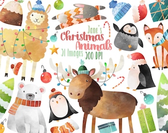 Aquarelle Animaux de Noël Clipart - Noël Clipart - Téléchargement instantané - Lama - Orignal - Renard - Ours polaire - Pingouin - Arbres