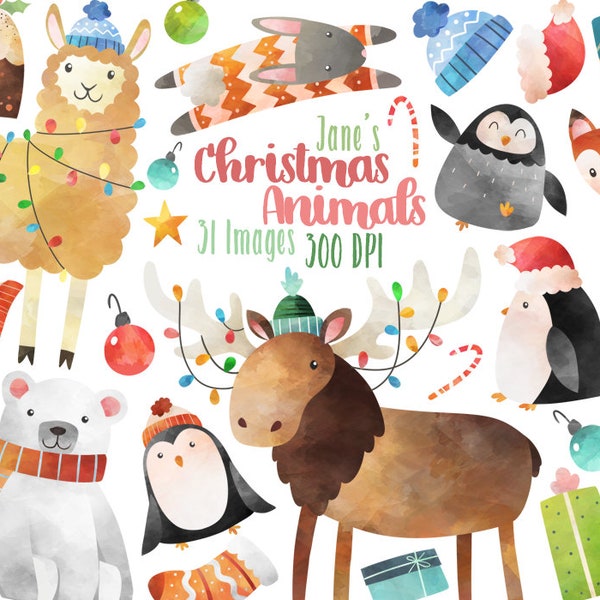 Watercolor Christmas Animals Clipart - Christmas Clipart - Instant Download - Llama - Moose - Fox - Polar Bear - Penguin - Trees