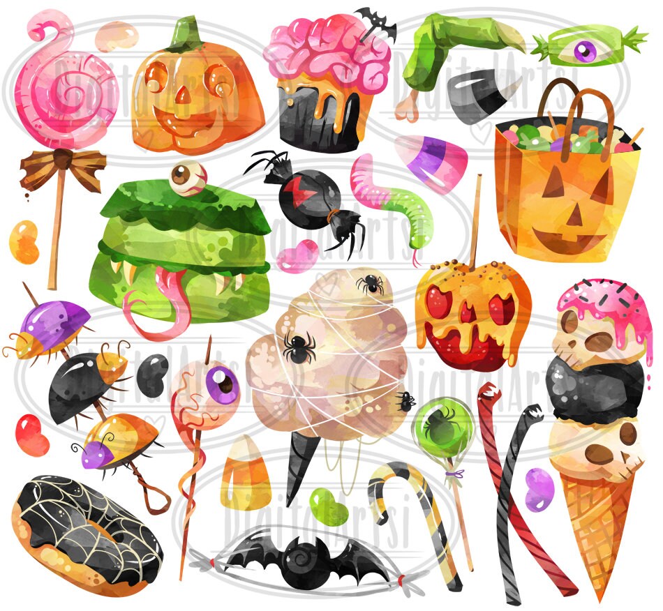 Aquarell Halloween Candy Clipart: Gruselige Leckereien Download  (Handgezeichnet, PNG) - Etsy Schweiz, image size:950x876
