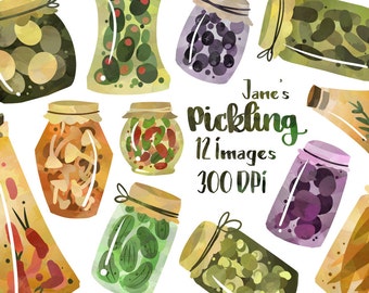 Watercolor Pickles Clipart - Watercolor Mason Jar Pickling Download - Instant Download - Preserves, Pickles, Oils, and Mason Jars