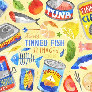 Clipart di pesce in scatola ad acquerello - Download immediato - Sardine - Acciughe - Frutti di mare - Prodotti in scatola - Disegnati a mano - Creati dall'uomo