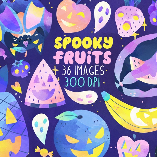 Halloween Fruit Clipart - Spooky Download - Instant Download - Halloween Clipart - Fruit Bat - Banana - Watermelon - Jack-O-Lantern