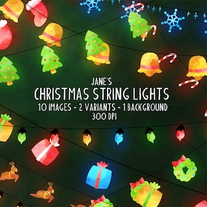 Watercolor Christmas String Lights Clipart - Instant Download - Hanging Lights - Fairy Lights - Presents - Christmas Tree - Stocking