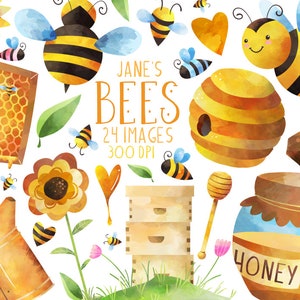 Watercolor Honey Bees Clipart - Bee Items Download - Instant Download - Cute Bees - Honey - Beehive - Honeycomb