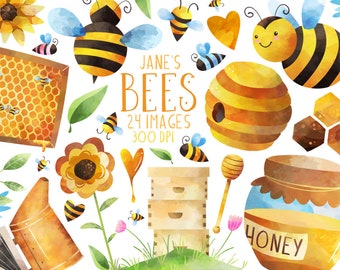 Watercolor Honey Bees Clipart - Bee Items Download - Instant Download - Cute Bees - Honey - Beehive - Honeycomb