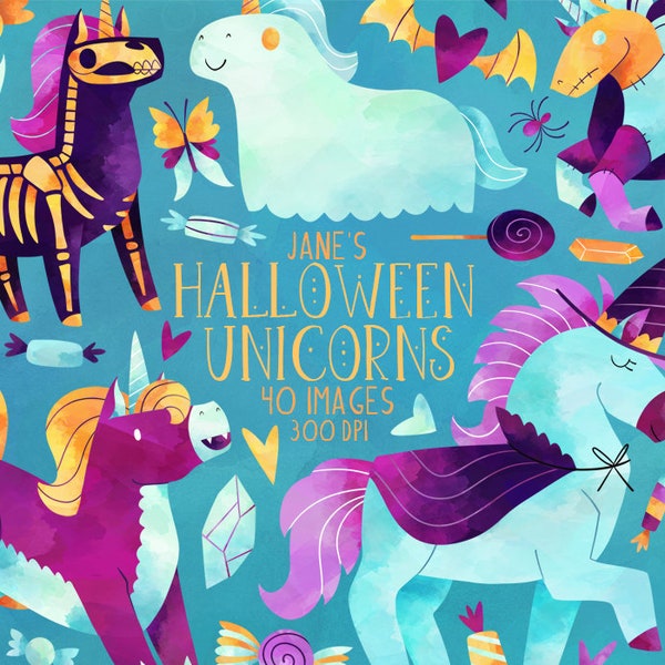 Halloween Unicorns Clipart - Halloween Download - Instant Download - Ghost - Vampire - Witch - Skeleton - Zombie - Candy - Pumpkins - Broom