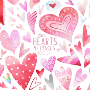 Aquarelle coeurs Clipart - coeur téléchargement - téléchargement immédiat - aquarelle coeurs - Saint Valentin - rouge - rose - amour - XOXO - dessiné à la main