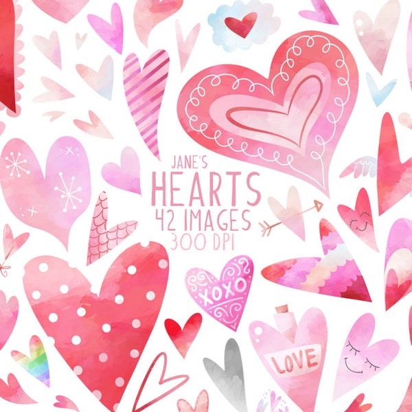 Watercolor Hearts Clipart - Heart Download - Instant Download - Watercolor Hearts - Valentines Day - Red - Pink - Love - XOXO