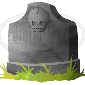 Puede incluir: Una ilustraci&oacute;n de acuarela gris de una l&aacute;pida con un dise&ntilde;o de calavera y huesos cruzados. La l&aacute;pida est&aacute; rodeada de hierba verde.