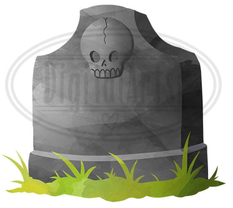 Puede incluir: Una ilustraci&oacute;n de acuarela gris de una l&aacute;pida con un dise&ntilde;o de calavera y huesos cruzados. La l&aacute;pida est&aacute; rodeada de hierba verde.
