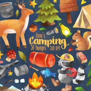 Clipart de camping en acuarela - Descarga de suministros para camping - Descarga instantánea - Ciervo - Ardilla - Tienda de campaña - Uso comercial - Pinos - Campistas
