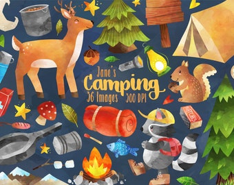 Clipart de camping en acuarela: ciervo, ardilla y tienda de campaña (uso comercial) (descarga instantánea)