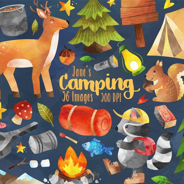 Watercolor Camping Clipart - Camping Supplies Download - Instant Download - Deer - Squirrel - Tent - Commercial Use - Pine Trees - Campers