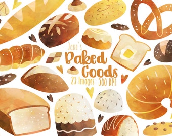 Watercolor Bread Clipart - Baked Foods Graphics - Digital Download - Bread - Toast - Cake - Loaf - Pretzel - Baguette - Croissant