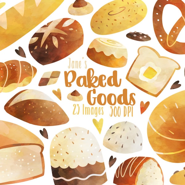 Watercolor Bread Clipart - Baked Foods Graphics - Digital Download - Bread - Toast - Cake - Loaf - Pretzel - Baguette - Croissant