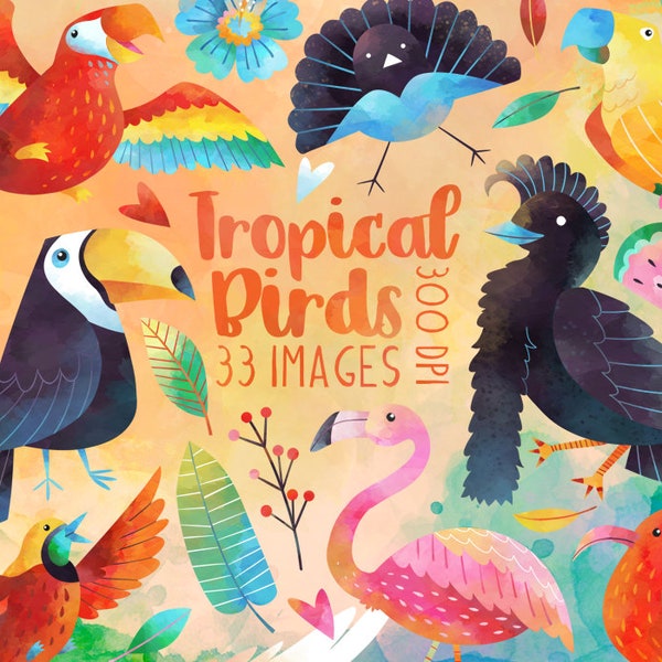 Watercolor Tropical Birds Clipart - Tropical Download - Instant Download - Parrot - Macaw - Umbrellabird - Toucan - Flamingo - Birds