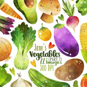 Clipart de verduras en acuarela - Descarga de alimentos saludables - Descarga instantánea - Maíz - Brócoli - Berenjena - Aguacate - Tomate - Patata
