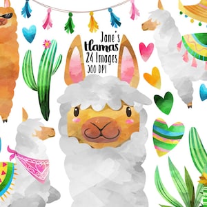 Aquarel lama's clipart - lama downloaden - directe download - lama's - alpaca's - cactussen - feest - commercieel gebruik