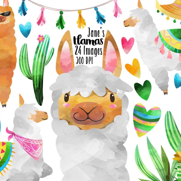 Watercolor Llamas Clipart - Llama Download - Instant Download - Llamas - Alpacas - Cacti - Party - Commercial Use