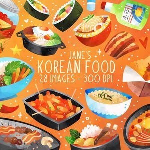 Watercolor Korean Food Clipart: Kimchi, BBQ, Bibimbap (Digital Download)