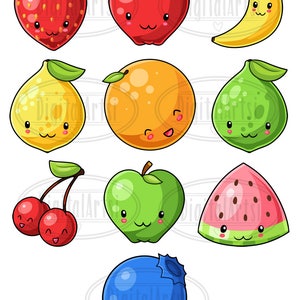 Puede incluir: Un conjunto de 10 ilustraciones de frutas de dibujos animados con caras lindas. Las frutas incluyen una fresa, una manzana, un pl&aacute;tano, un lim&oacute;n, una naranja, una lima, una cereza, una manzana verde, una sand&iacute;a y un ar&aacute;ndano.