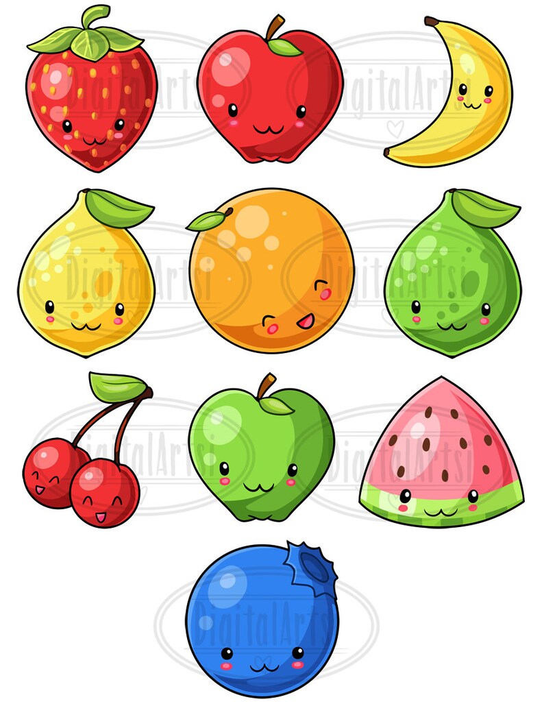 Puede incluir: Un conjunto de 10 ilustraciones de frutas de dibujos animados con caras lindas. Las frutas incluyen una fresa, una manzana, un pl&aacute;tano, un lim&oacute;n, una naranja, una lima, una cereza, una manzana verde, una sand&iacute;a y un ar&aacute;ndano.