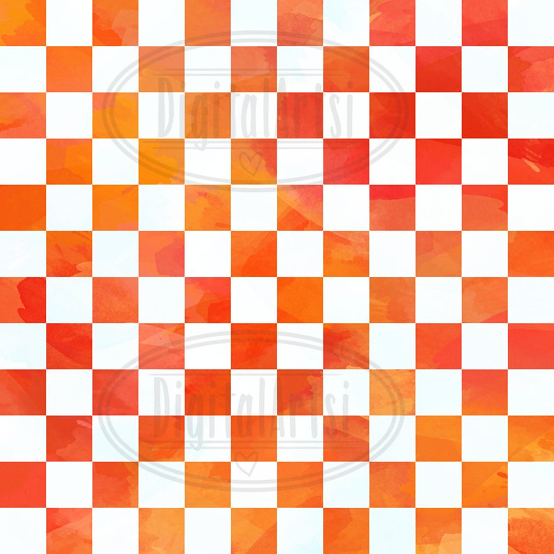 May include: A seamless pattern of orange and white squares. The squares are painted with a watercolour effect, giving them a soft, blended look. The pattern is perfect for use in a variety of crafts and projects.